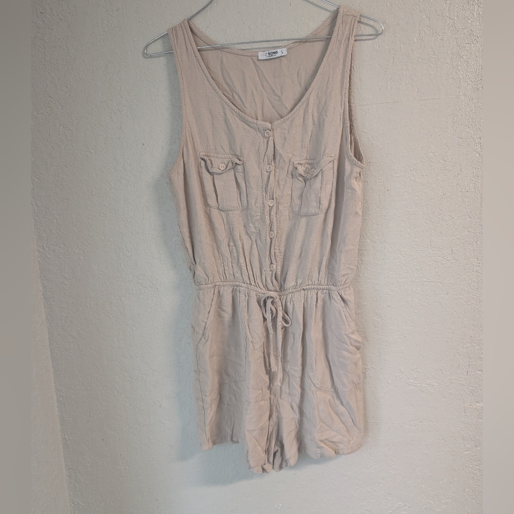 Sleeveless Utility Romper S Khaki Drawstring Button Front Pockets Festival Boho